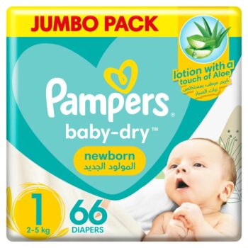 Pampers Aloe Vera Taped Diapers, Size 1, 2-5kg, Jumbo Pack, 66 Diapers 