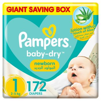 Pampers Aloe Vera Taped Diapers, Size 1, 2-5kg, Mega Box, 172 Diapers