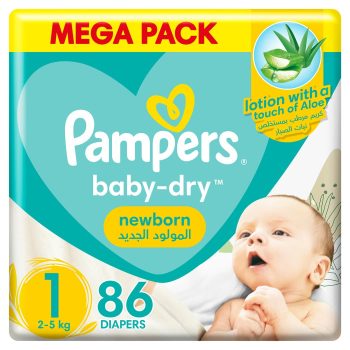 Pampers Aloe Vera Taped Diapers, Size 1, 2-5kg, Mega Pack, 86 Diapers 