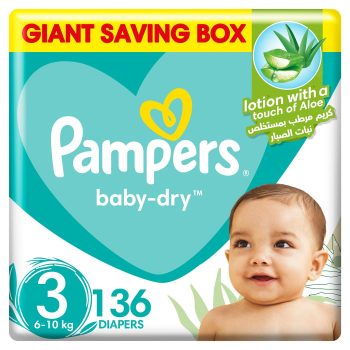 Pampers Aloe Vera Taped Diapers, Size 3, 6-10kg, Mega Box, 136 Diapers 