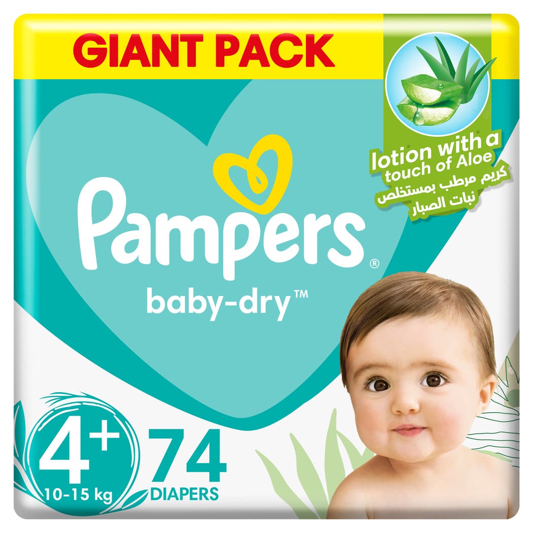Pampers Aloe Vera Taped Diapers, Size 4+, 10-15kg, Giant Pack, 74 Diapers Pampers Aloe Vera Taped Diapers, Size 4+, 10-15kg, Giant Pack, 74 Diapers