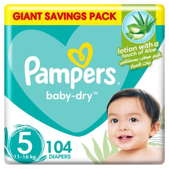 Pampers Aloe Vera Taped Diapers, Size 5, 11-16kg, Mega Box, 104 Diapers 