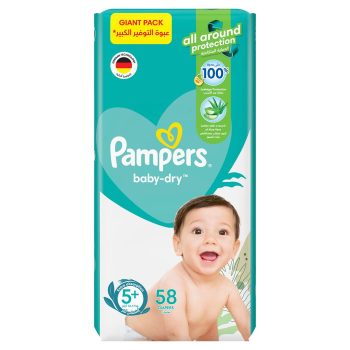 Pampers Aloe Vera Taped Diapers, Size 5+, 12-17kg, Giant Pack, 58 Diapers 