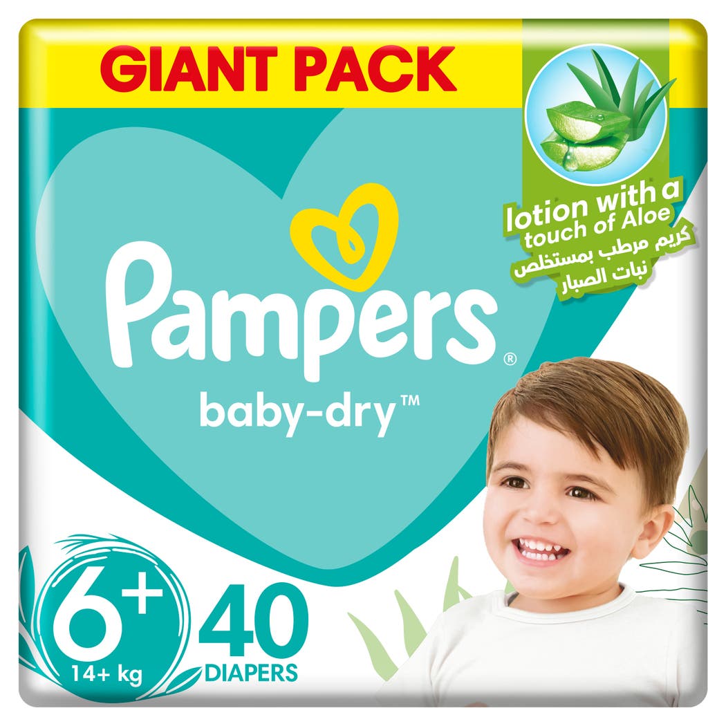 Pampers Aloe Vera Taped Diapers, Size 6+, 14+kg, Giant Pack, 40 Diapers Pampers Aloe Vera Taped Diapers, Size 6+, 14+kg, Giant Pack, 40 Diapers