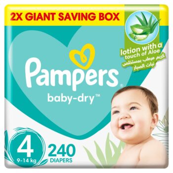 Pampers Baby-Dry Diapers with Aloe Vera Lotion, Size 4, 9-14 kg, 240 Diapers