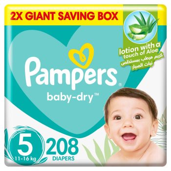 Pampers Baby-Dry Diapers with Aloe Vera Lotion, Size 5, 11-16 kg, 208 Diapers
