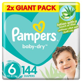 Pampers Baby-Dry Diapers with Aloe Vera Lotion, Size 6, 16-21 kg, 144 Diapers