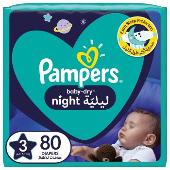 Pampers Baby-Dry Night Diapers for Extra Sleep Protection, Size 3, 7-11kg, 80 Diaper Count