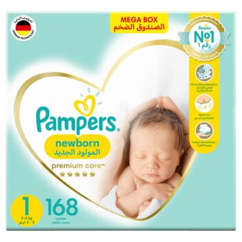 Pampers Premium Care Taped Diapers, Size 1, 2-5kg, Mega Box, 168 Diapers