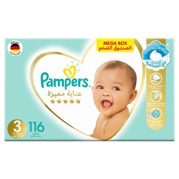 Pampers Premium Care Taped Diapers, Size 3, 6-10 kg, Mega Box,116 Diapers