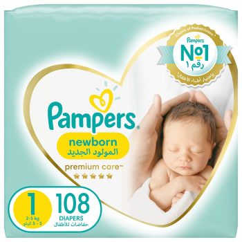 Pampers Premium Taped Diapers, Size 1, 2-5kg, Mega Pack, 108 Diapers
