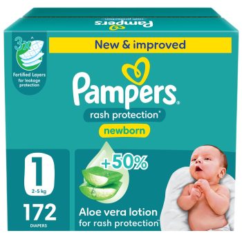 Pampers Rash Protection Taped Diapers, Size 1, 172 Count