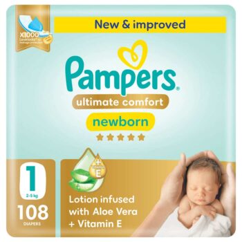 Pampers Ultimate Comfort Taped Diapers, Size 1, 2-5kg, Giant Pack, 108 Count