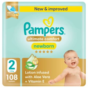 Pampers Ultimate Comfort Taped Diapers, Size 2, 3-8kg, Giant Pack, 108 Count
