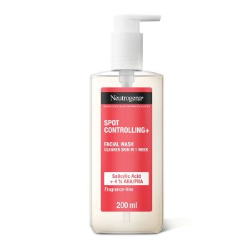 Neutrogena Spot Controlling+ Face Wash, with Salicylic Acid & 4% AHA/PHA, Clearer Skin in 1 Week, Boosts Skin Radiance, Fragrance Free, 200ml