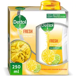 Dettol Fresh Showergel & Bodywash, Citrus & Orange Blossom Scent 250ml + Puff