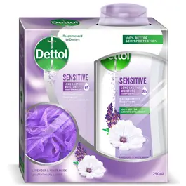 Dettol Sensitive Showergel & Bodywash, Lavender & White Musk Scent 250ml + Puff