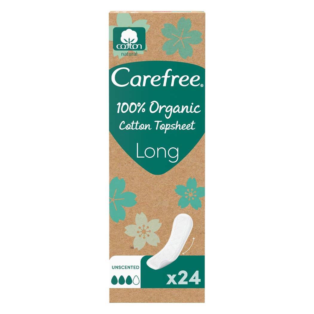 Carefree 100% Organic Cotton Pantyliners, Unscented, Long, Pack of 24 Carefree 100% Organic Cotton Pantyliners, Unscented, Long, Pack of 24