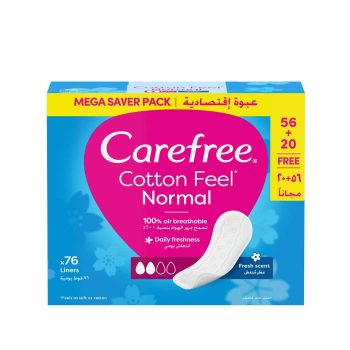Carefree Cotton Feel Pantyliners, Fresh Scent, Normal Size, 100% Air Breathable, Dermatologically Tested, Pack of 76