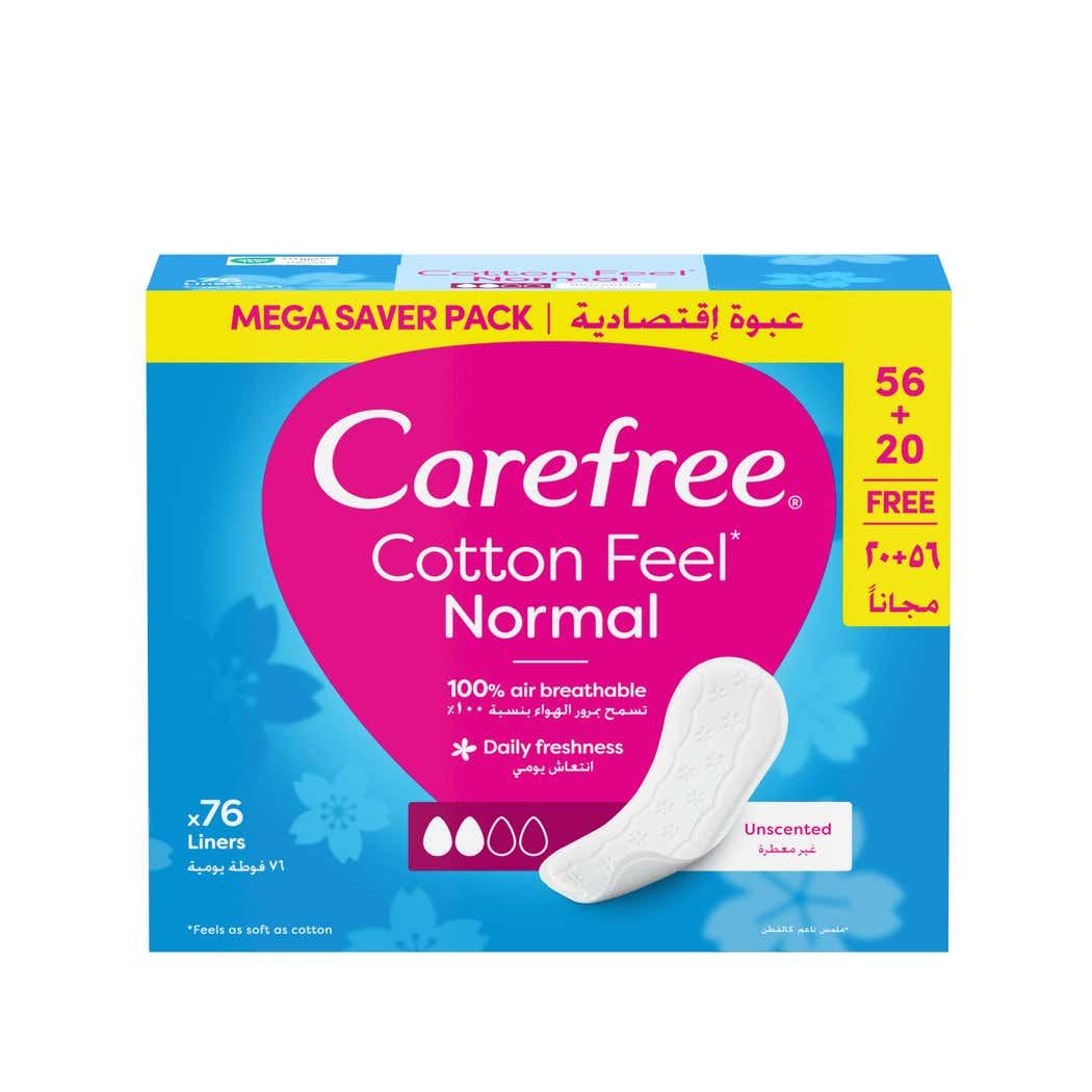 Carefree Cotton Feel Pantyliners, Unscented, Normal Size, 100% Air Breathable, Dermatologically Tested, Pack of 76 Carefree Cotton Feel Pantyliners, Unscented, Normal Size, 100% Air Breathable, Dermatologically Tested, Pack of 76