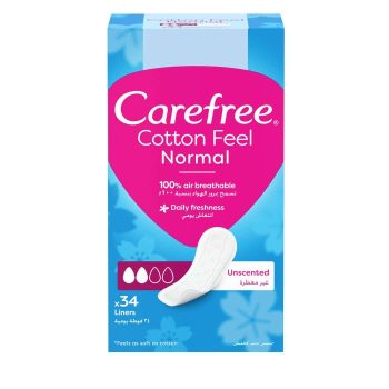 Carefree Daily Cotton Panty Liners, Unscented Liners for Reliable Everyday Protection, 34 Count