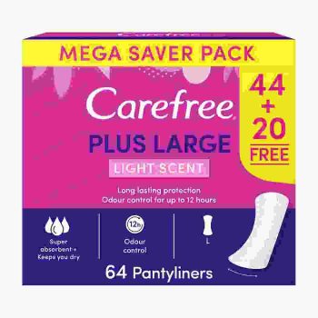 Carefree Lightly Scented Pantyliners, Plus Large Size, Long-Lasting Protection, Pack of 64