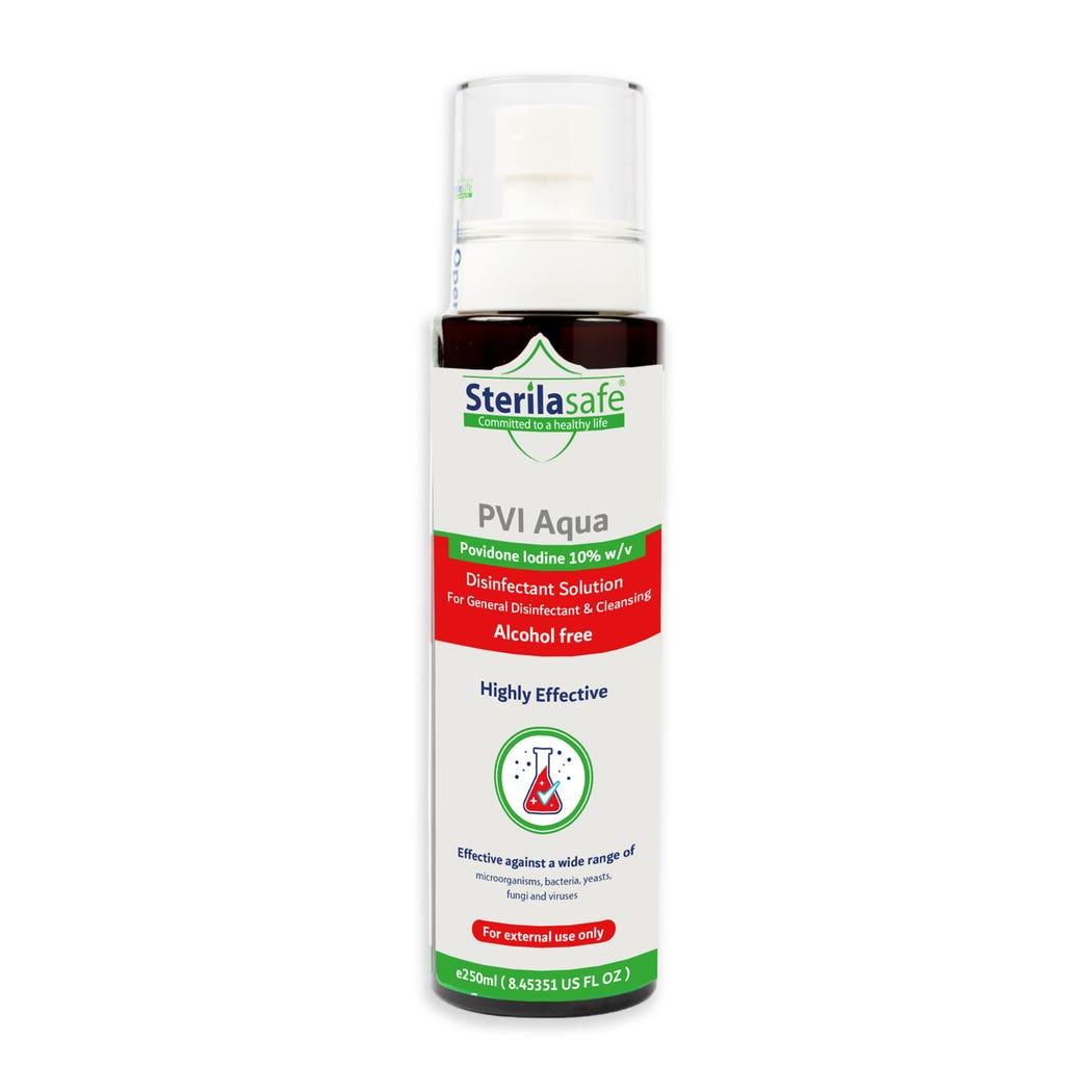 Sterilasafe PVI Aqua -Disinfectant Solution - Povidone Iodine 10% - 250 ML Sterilasafe PVI Aqua -Disinfectant Solution - Povidone Iodine 10% - 250 ML