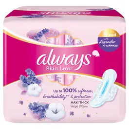 Always Cotton Skin Love Sanitary Pads with Lavender Oil, 10 Large Thick Pads