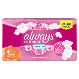 Always Cotton Soft Ultra Thin, Normal sanitary pads with wings, 20 Count