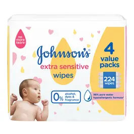 Johnson's Baby Extra Sensitive Wipes, 98% Pure Water, 3+1 Packs of 56 Wipes, 224 Count