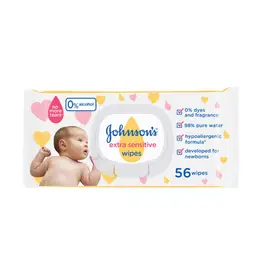 Johnson’s Extra Sensitive Baby Wipes, 98% Pure Water, Hypoallergenic, Fragrance, Alcohol & Dye Free, No More Tears Formula, 56 Wipes