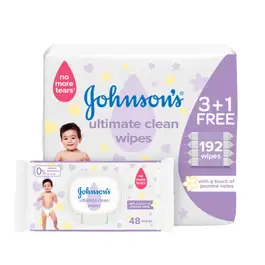 Johnson's Ultimate Clean Baby Wipes, No More Tears, with a Touch of Jasmine Notes, Alcohol, Paraben and Dye Free, Hypoallergenic, pH Balanced, 192 Wipes