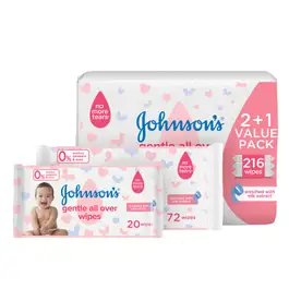 Johnson’s Gentle All Over Wipes, Enriched with Silk Extract, Alcohol, Paraben & Dye Free, No More Tears Formula, 2+1 Value Pack, 216 Wipes