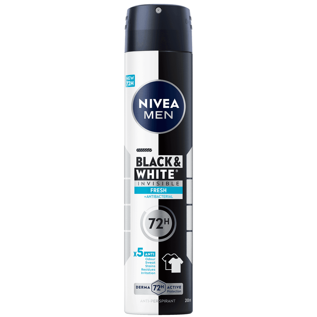 NIVEA MEN Black & White Invisible Antiperspirant, 72H Protection, Spray 200ml NIVEA MEN Black & White Invisible Antiperspirant, 72H Protection, Spray 200ml