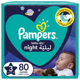 Pampers Baby-Dry Night Diapers for Extra Sleep Protection, Size 3, 7-11kg, 80 Diaper Count
