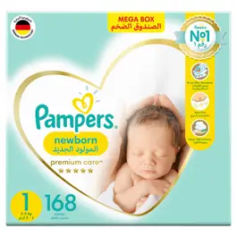 Pampers Premium Care Taped Diapers, Size 1, 2-5kg, Mega Box, 168 Diapers