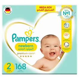 Pampers Premium Care Taped Diapers, Size 2, 3-8kg, Mega Box, 168 Diapers