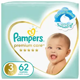 Pampers Premium Care Taped Diapers, Size 3, 6-11 kg, Mega Pack, 62 Diapers